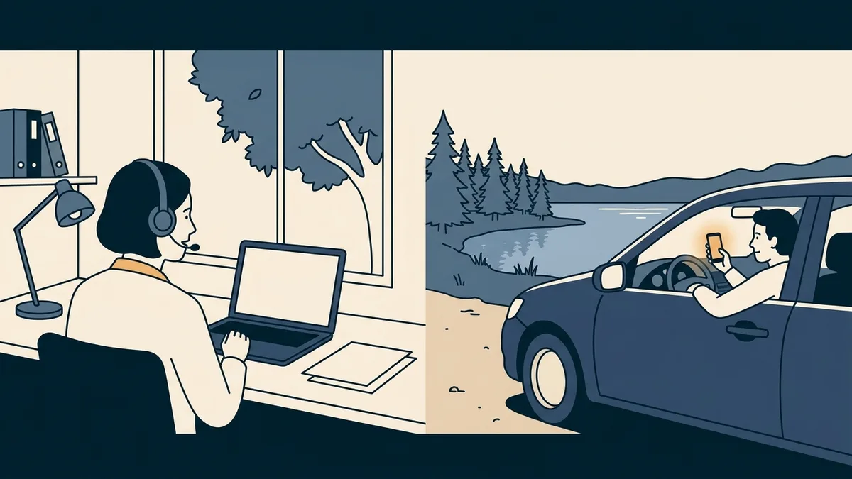 A social worker in a home office on a video session with a client who is sitting in a car parked by a lake.