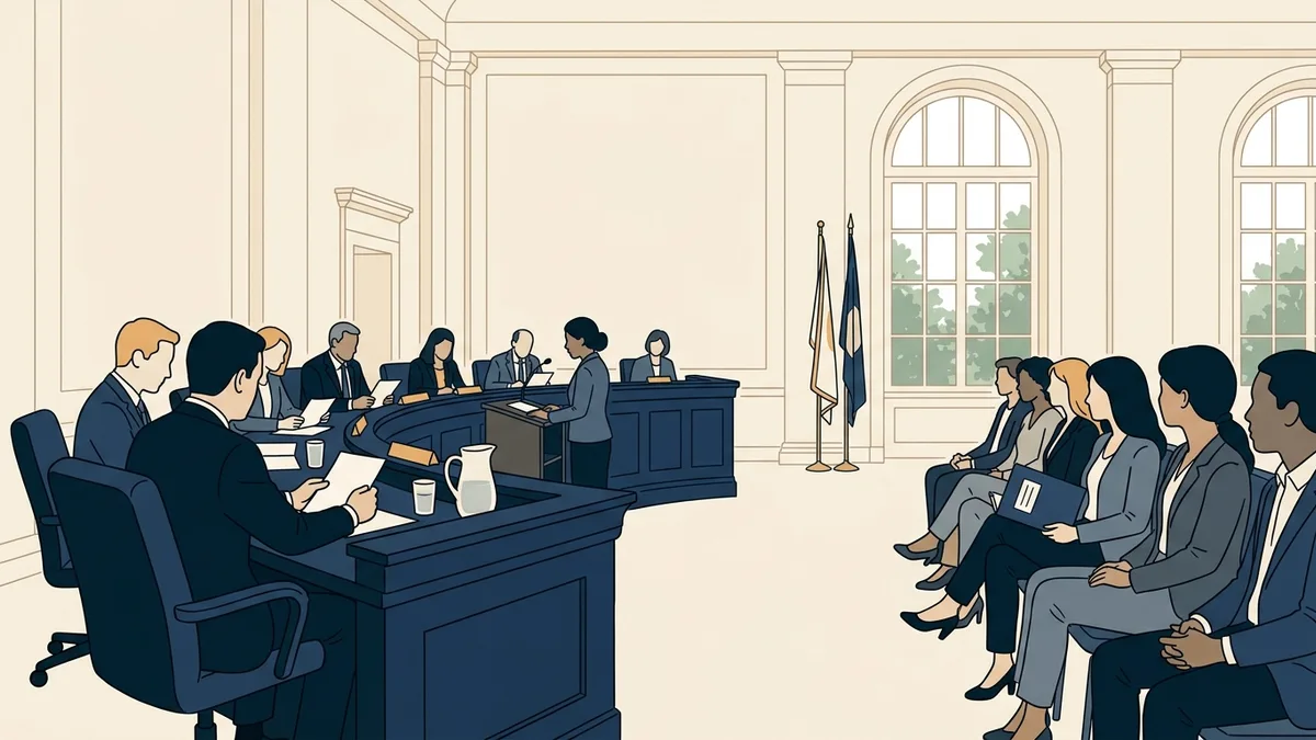 A state capitol hearing room with social workers seated in the public gallery while legislators sit at a curved dais.