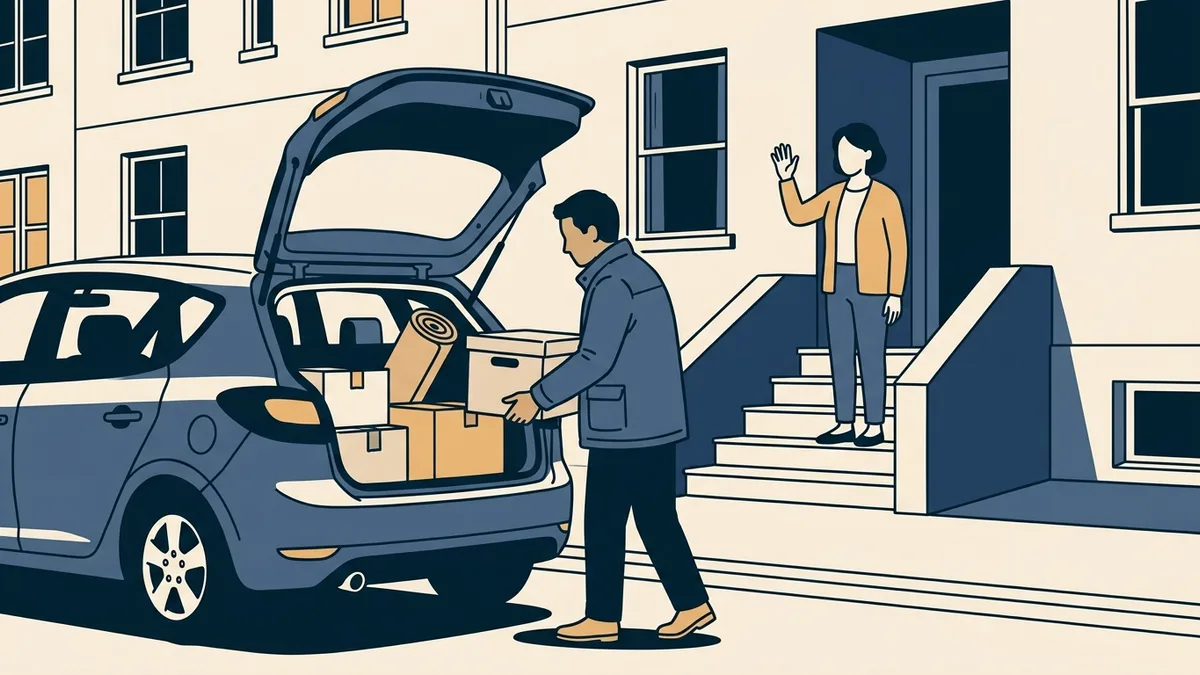 A social worker packing a file box of supervision records into a car trunk next to moving boxes outside an apartment building.