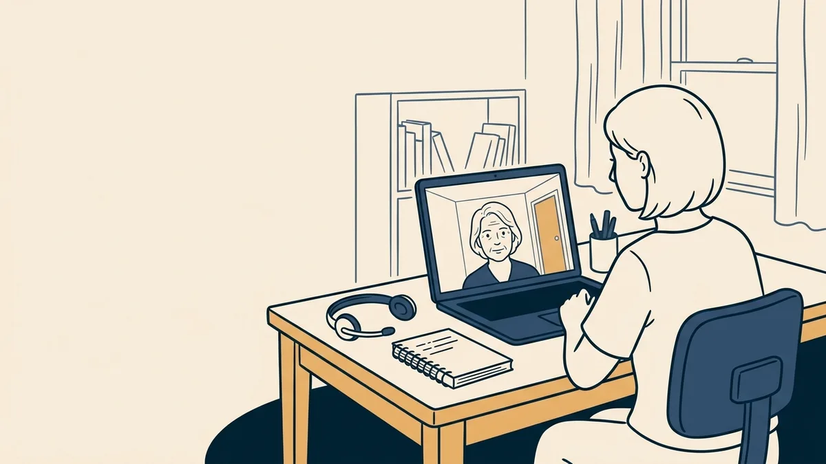 A clinical social worker in a home office meeting her supervisor by video call on a laptop, with a notebook open beside her.