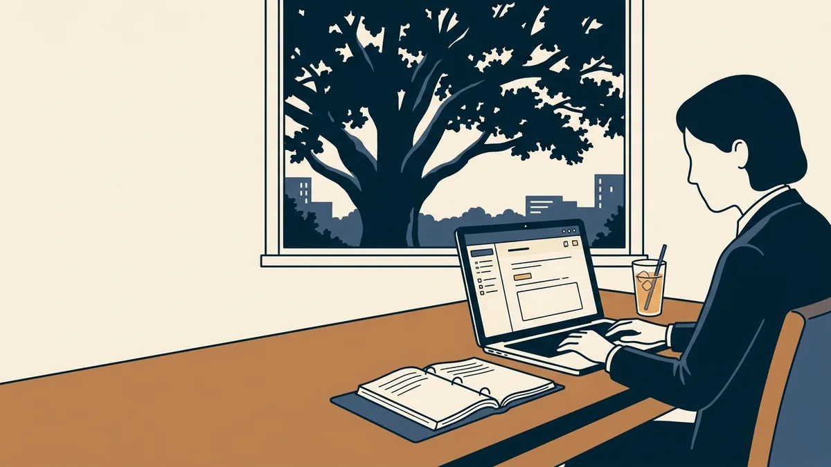 A social worker at a desk completing an online exam on a laptop, with a window view of a Texas live oak.