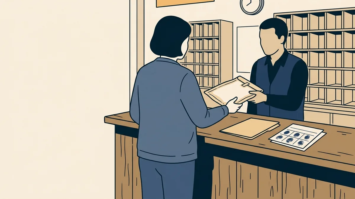 A social worker at a post office counter handing over a thick envelope, with a passport-style photo and a folder on the counter.