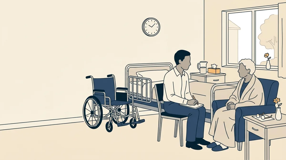 A social worker talking with an older resident in a skilled nursing facility room, a wheelchair by the bed.