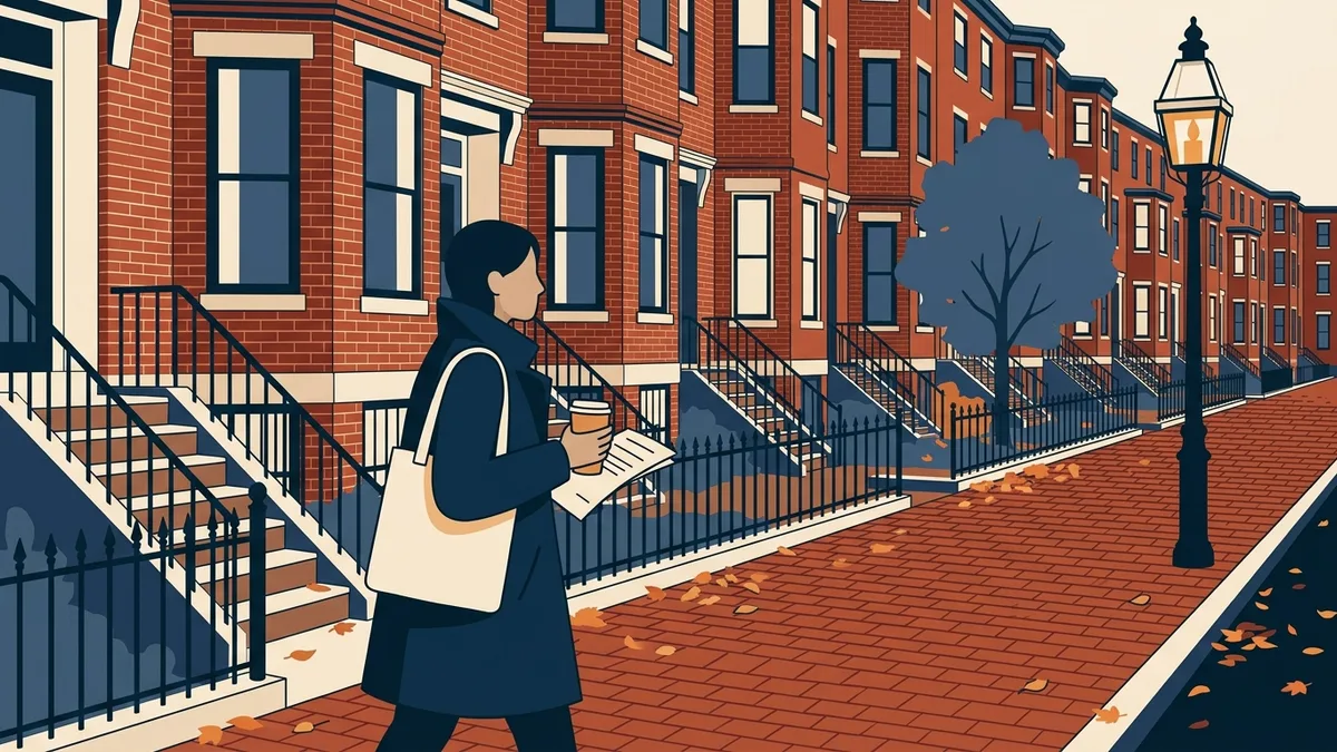 A social worker walking past brick rowhouses on a Boston street carrying a tote bag and a coffee, with autumn leaves on the sidewalk.