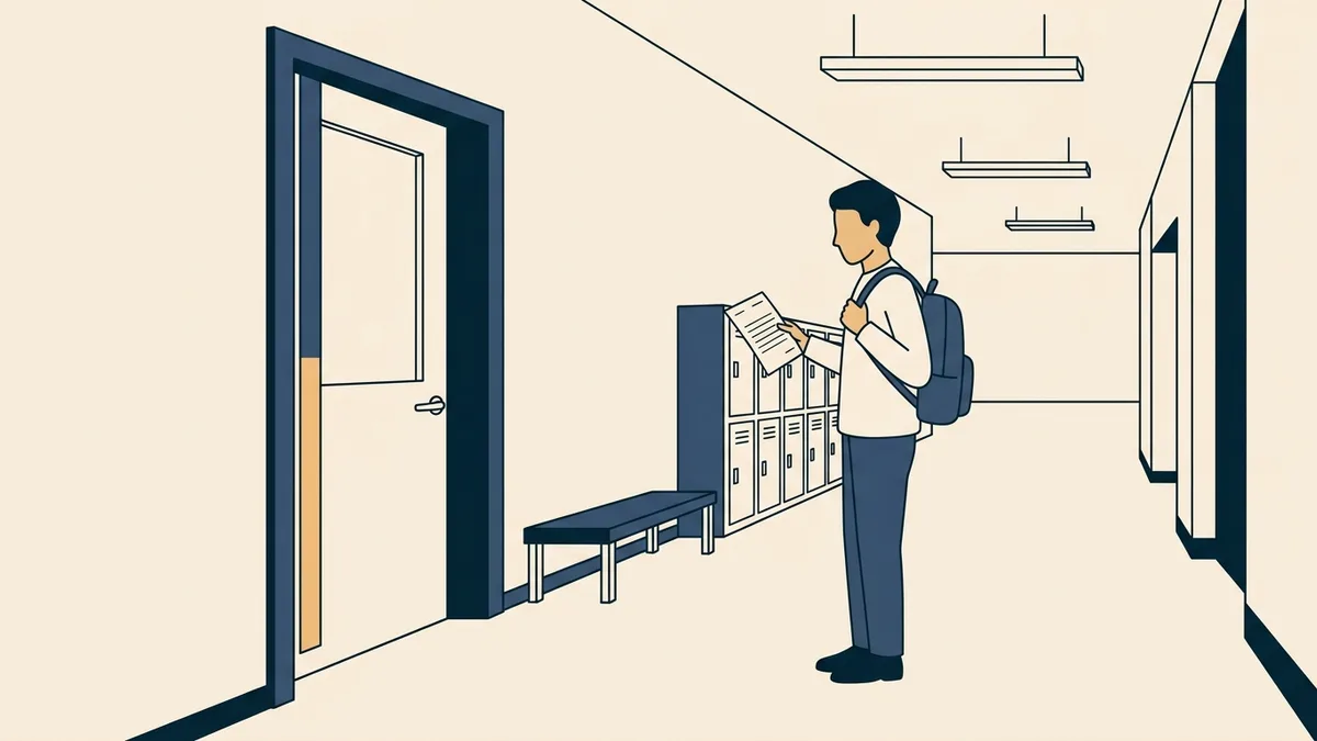 A social work student standing in a hallway outside a testing center, looking at a printed appointment confirmation.